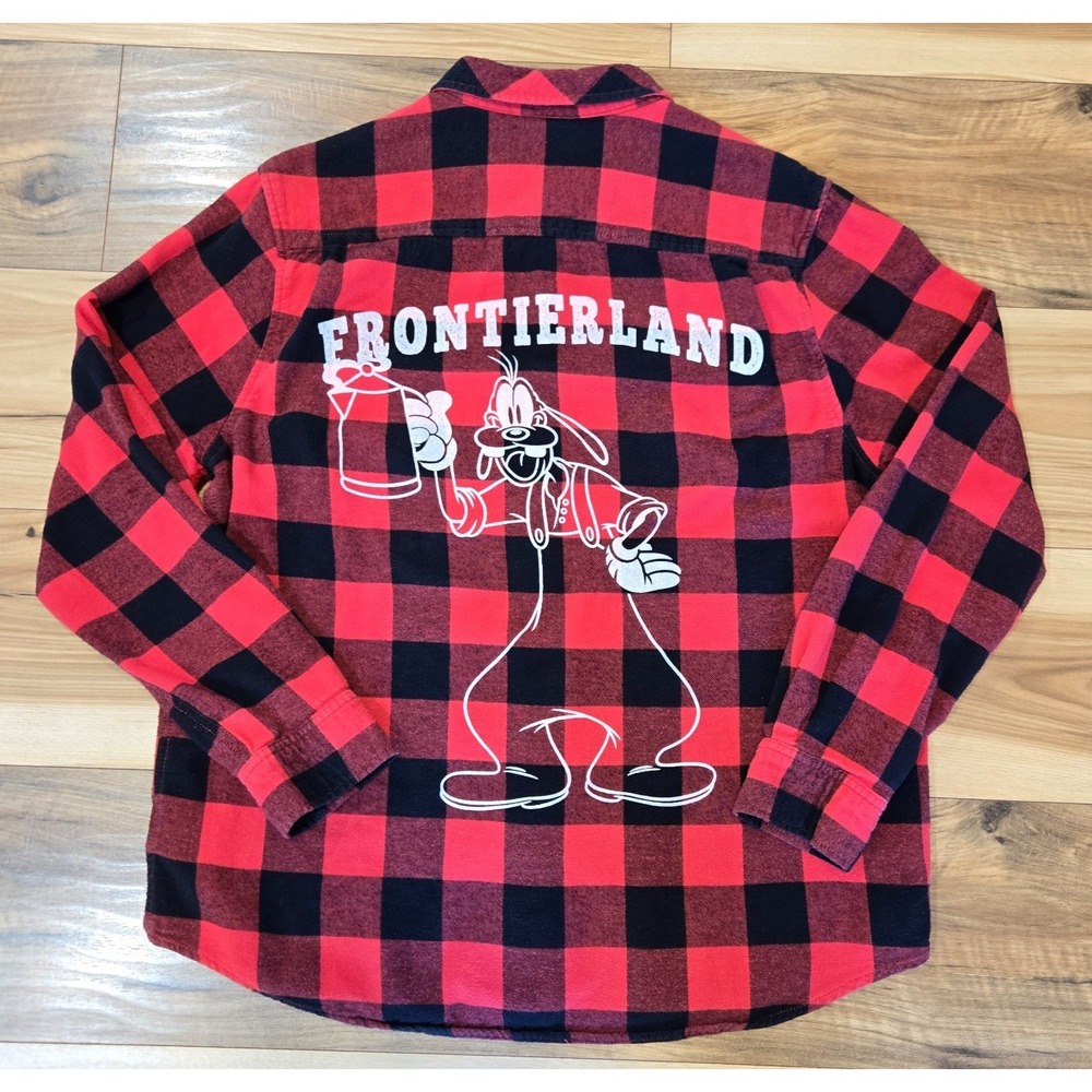Disney Goofy Frontierland Flannel Shirt Mens Size L Red‎ Black Plaid Long Sleeve